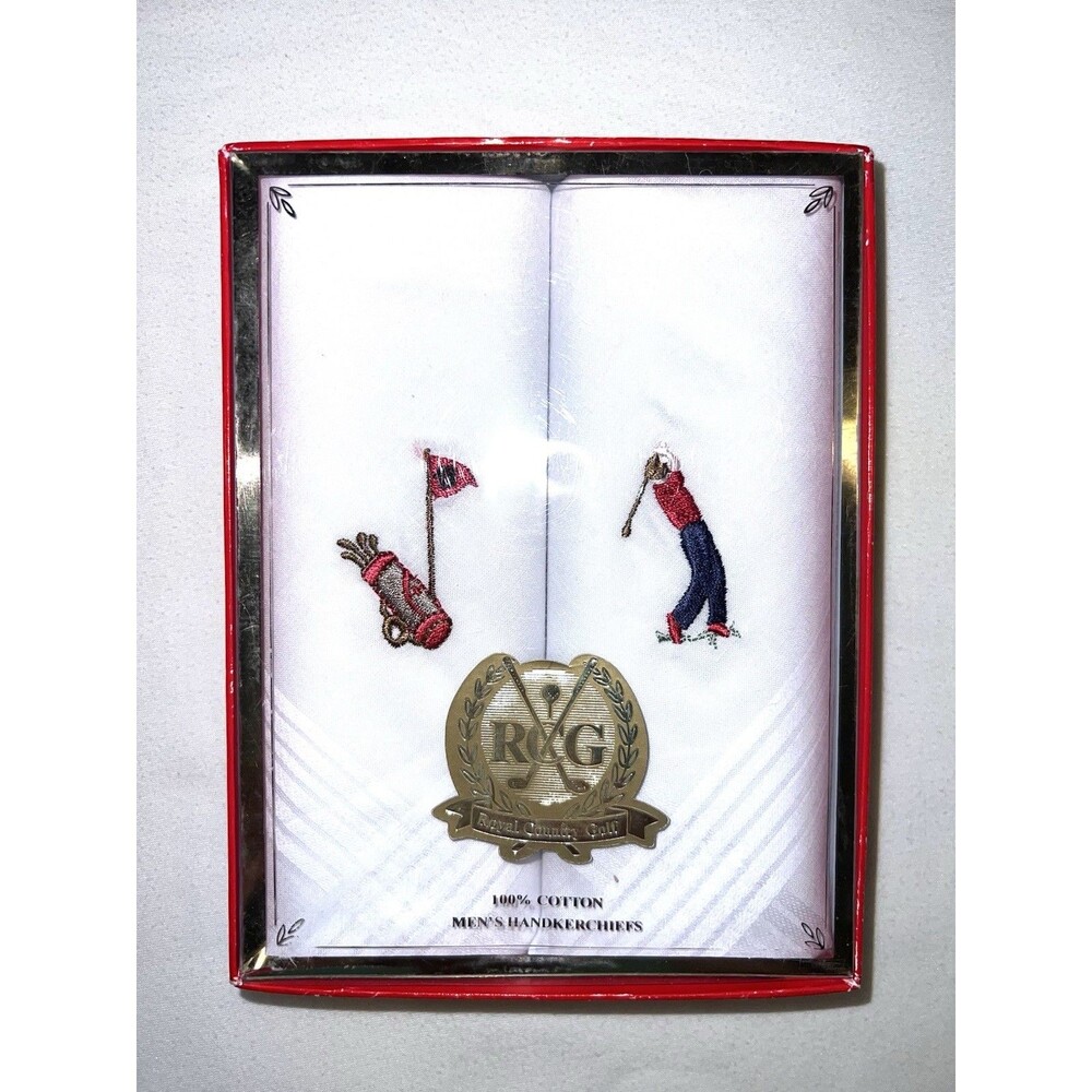 Royal Country Golf Handkerchiefs *2* Golfer&Clubs*Embroidered 100% Cotton* White